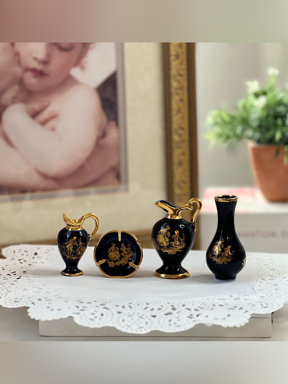 Limoges Black and 22k Gold Porcelain Miniature Vase and Pitcher Set 4 pieces